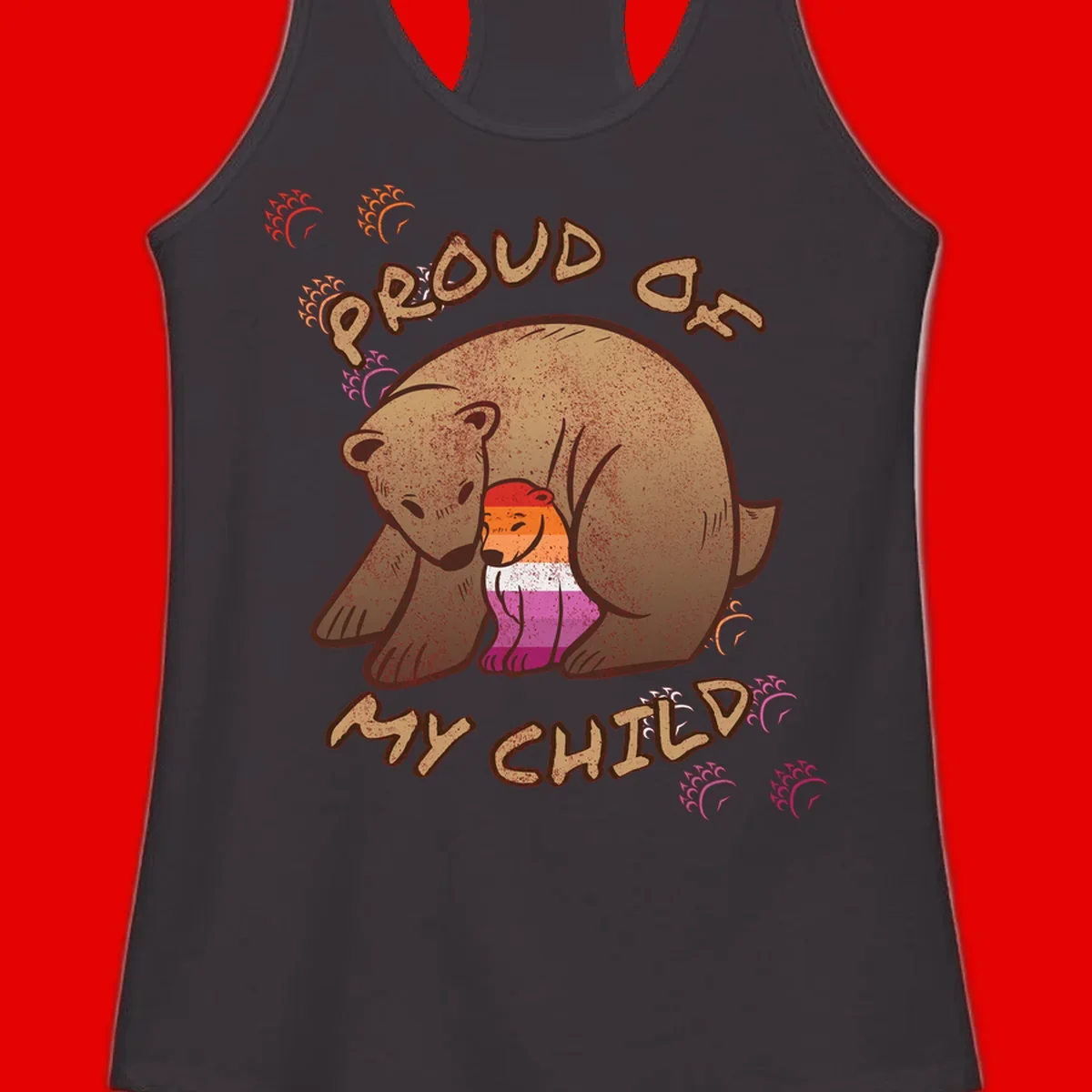 Brown bear proudly holding a sushi roll with pride flag stripes, surrounded by sparkles and text reading 'PROUD AS MY SUSHI'