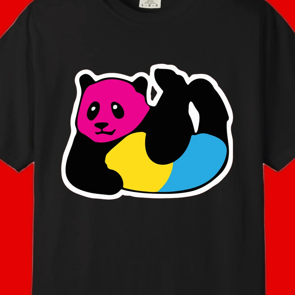 Cute panda illustration with magenta face, black body, and rainbow-colored yellow and cyan tail for pride-panda-rainbow design
