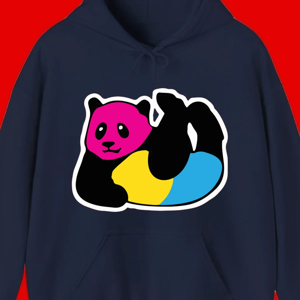 Cute panda illustration with magenta face, black body, and rainbow-colored yellow and cyan tail for pride-panda-rainbow design