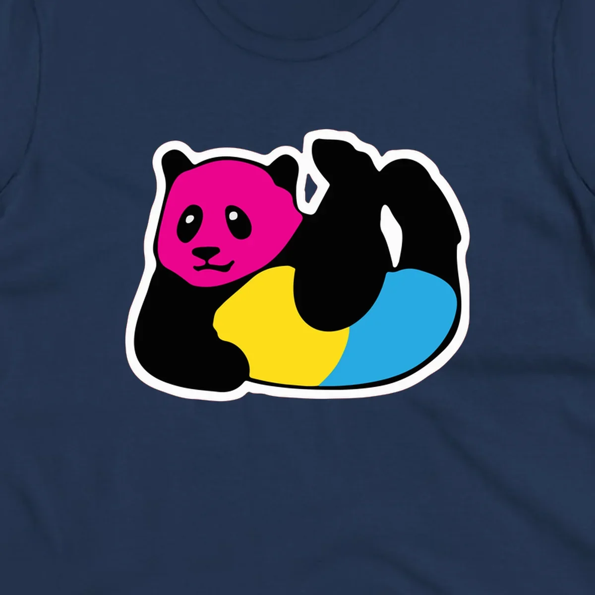 Cute panda illustration with magenta face, black body, and rainbow-colored yellow and cyan tail for pride-panda-rainbow design