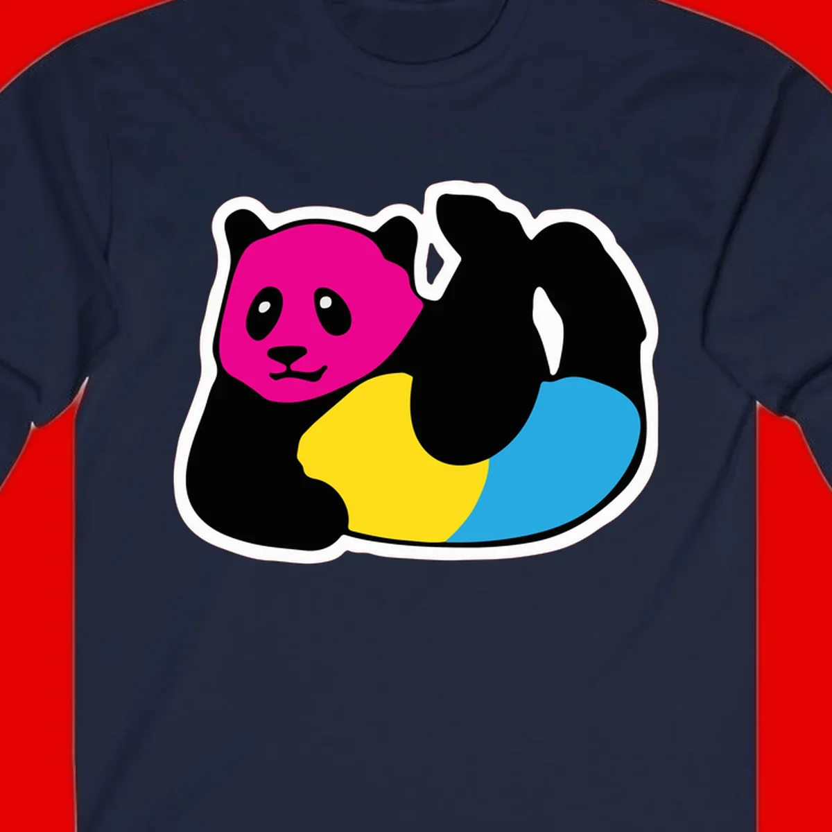 Cute panda illustration with magenta face, black body, and rainbow-colored yellow and cyan tail for pride-panda-rainbow design