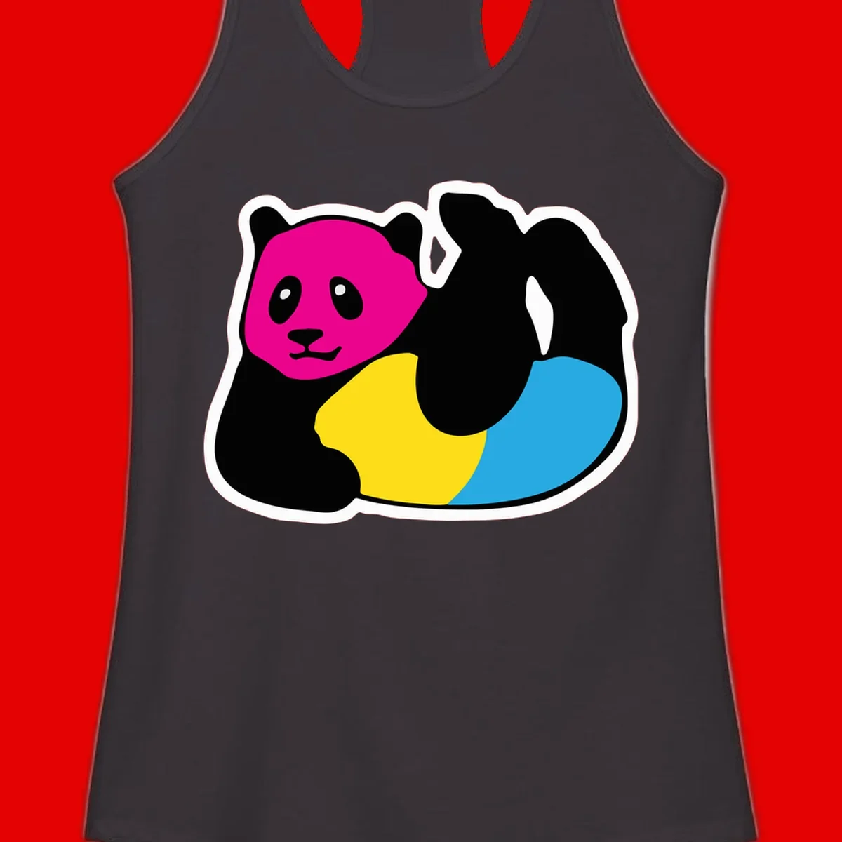 Cute panda illustration with magenta face, black body, and rainbow-colored yellow and cyan tail for pride-panda-rainbow design