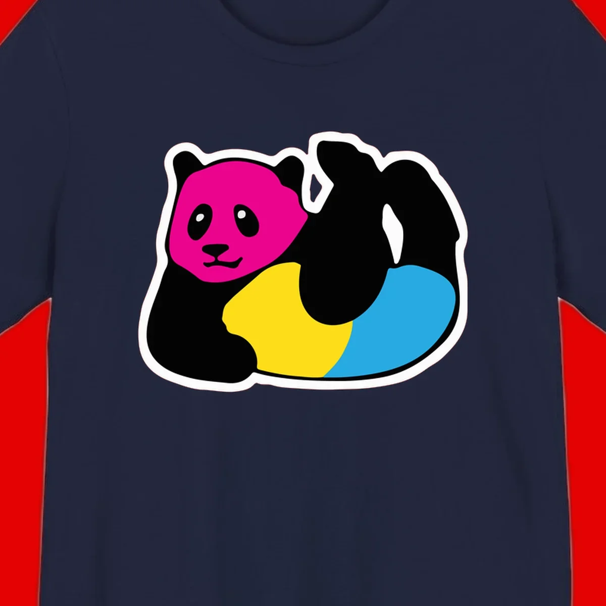 Cute panda illustration with magenta face, black body, and rainbow-colored yellow and cyan tail for pride-panda-rainbow design
