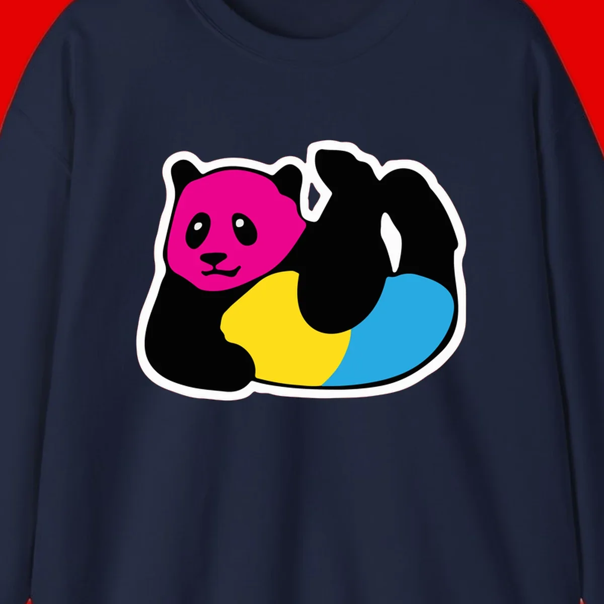 Cute panda illustration with magenta face, black body, and rainbow-colored yellow and cyan tail for pride-panda-rainbow design