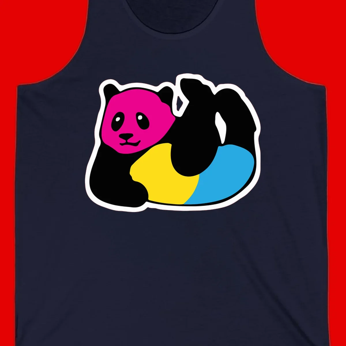 Cute panda illustration with magenta face, black body, and rainbow-colored yellow and cyan tail for pride-panda-rainbow design