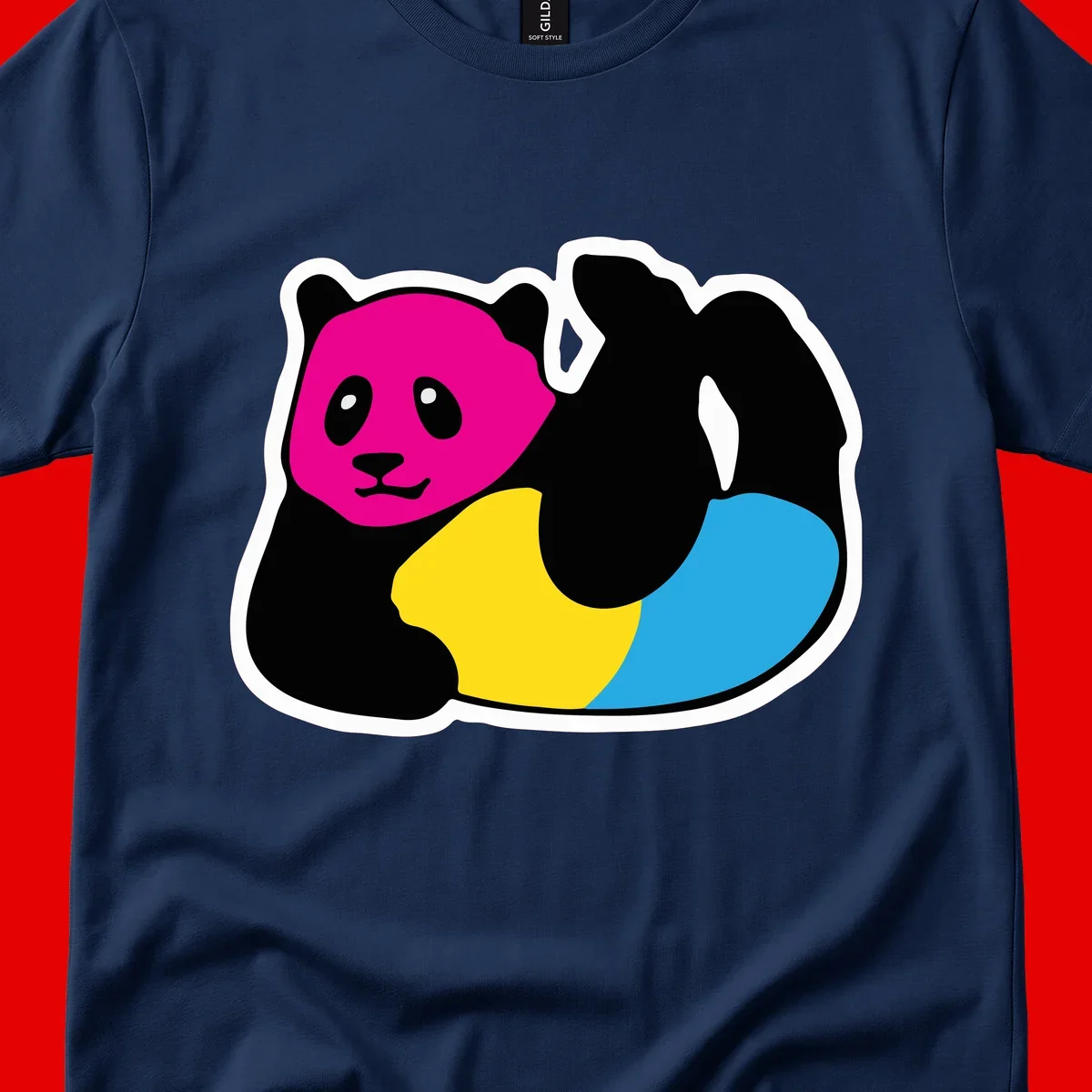 Cute panda illustration with magenta face, black body, and rainbow-colored yellow and cyan tail for pride-panda-rainbow design