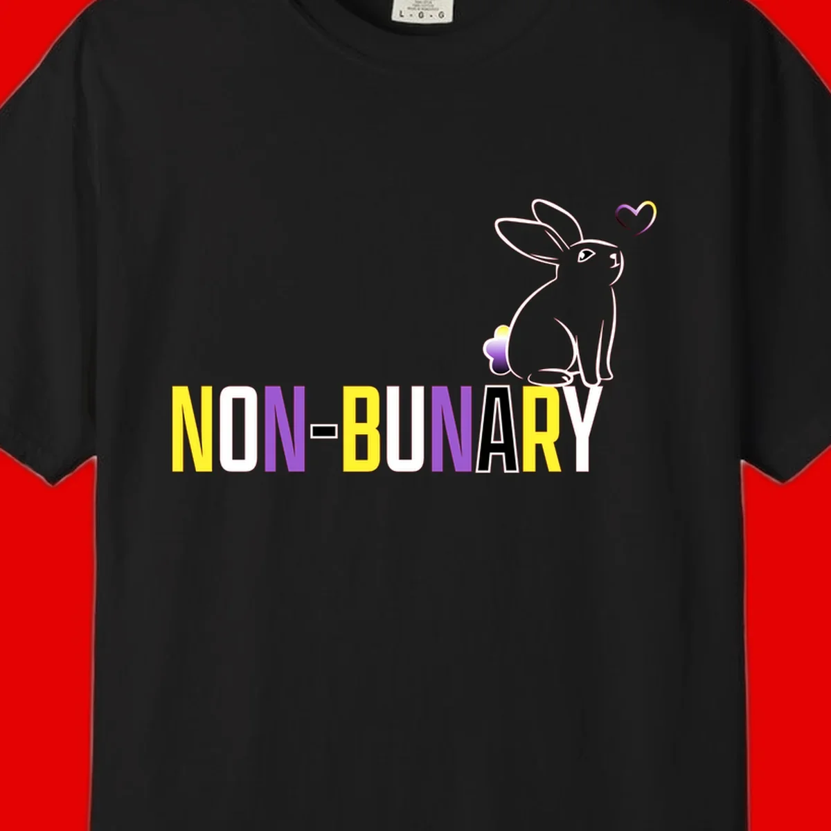 Non-binary bunny pride design featuring a white-outlined rabbit with gradient heart symbol and colorful 'NON-BINARY' text in yellow, purple, and white