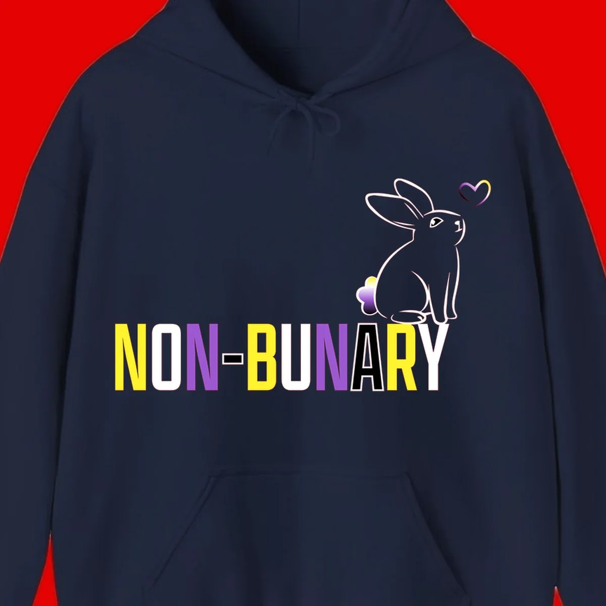 Non-binary bunny pride design featuring a white-outlined rabbit with gradient heart symbol and colorful 'NON-BINARY' text in yellow, purple, and white