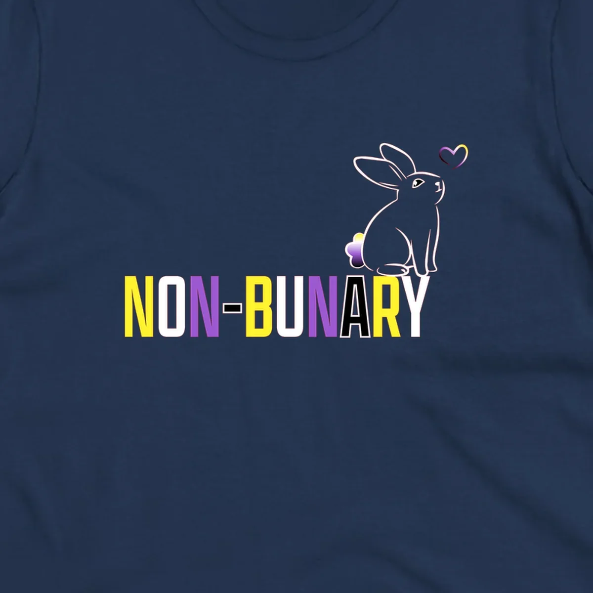 Non-binary bunny pride design featuring a white-outlined rabbit with gradient heart symbol and colorful 'NON-BINARY' text in yellow, purple, and white