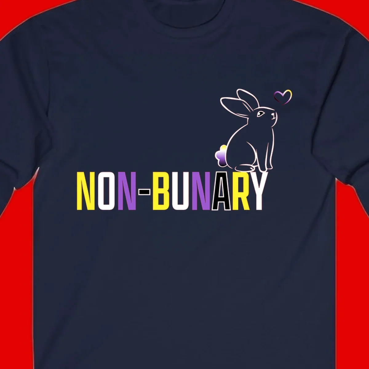 Non-binary bunny pride design featuring a white-outlined rabbit with gradient heart symbol and colorful 'NON-BINARY' text in yellow, purple, and white