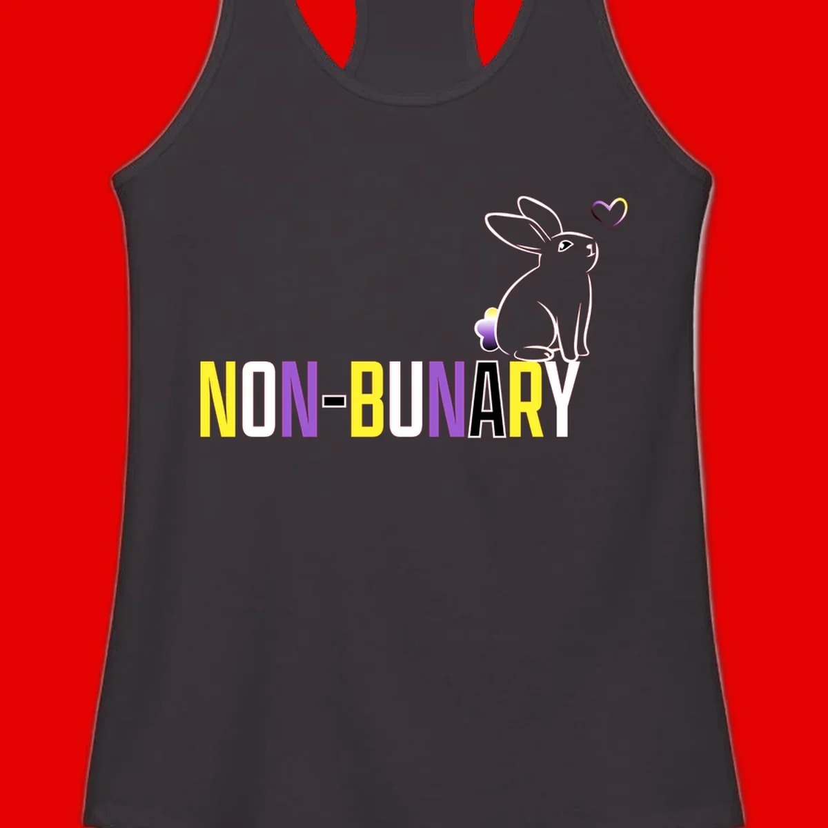 Non-binary bunny pride design featuring a white-outlined rabbit with gradient heart symbol and colorful 'NON-BINARY' text in yellow, purple, and white