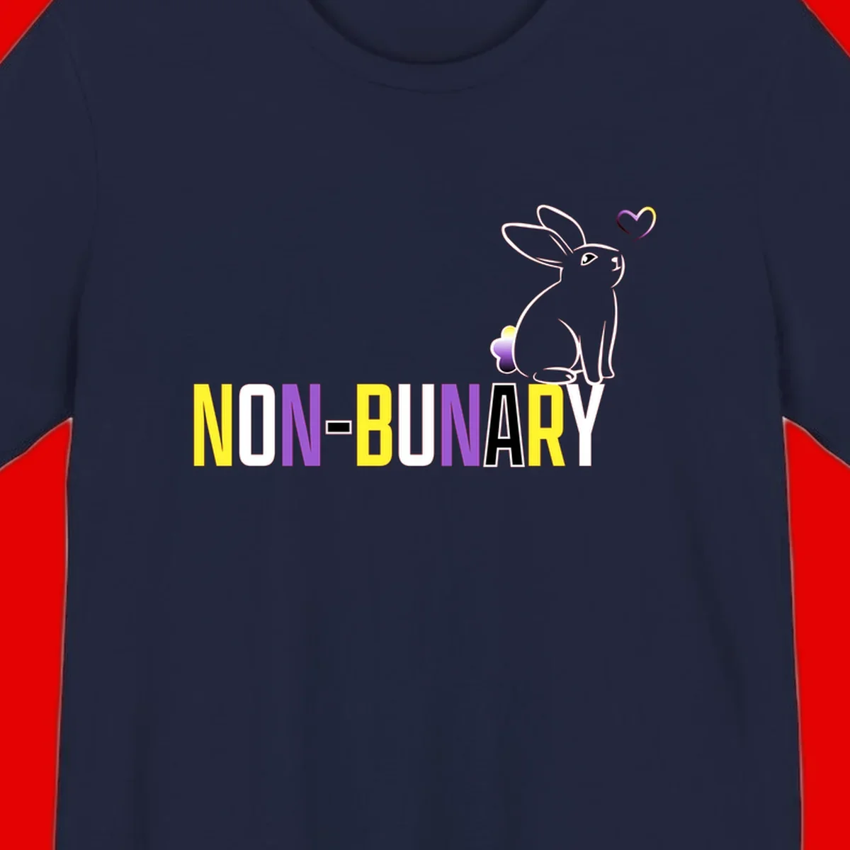 Non-binary bunny pride design featuring a white-outlined rabbit with gradient heart symbol and colorful 'NON-BINARY' text in yellow, purple, and white