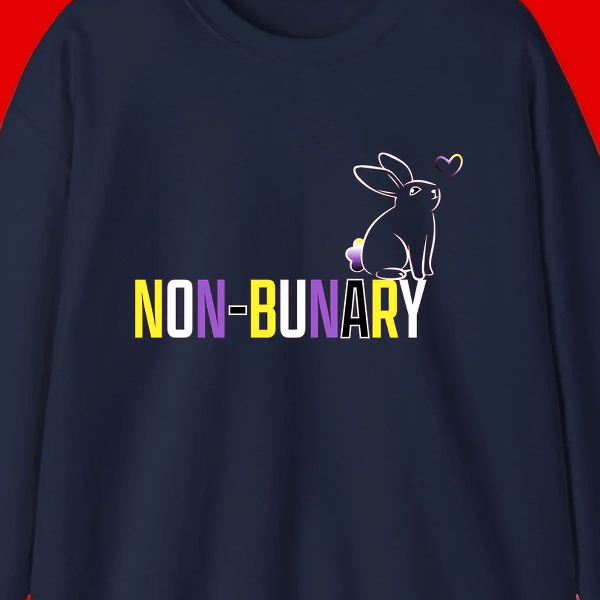 Non-binary bunny pride design featuring a white-outlined rabbit with gradient heart symbol and colorful 'NON-BINARY' text in yellow, purple, and white