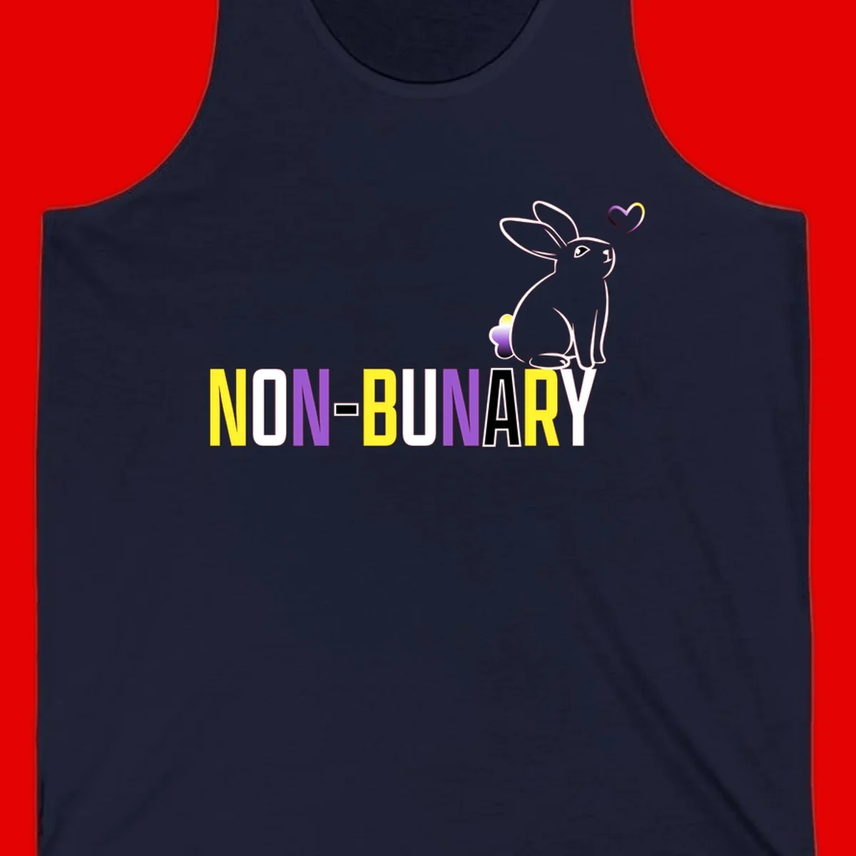 Non-binary bunny pride design featuring a white-outlined rabbit with gradient heart symbol and colorful 'NON-BINARY' text in yellow, purple, and white