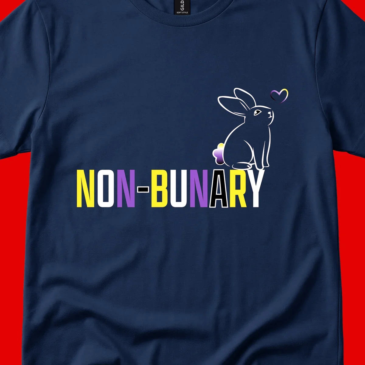 Non-binary bunny pride design featuring a white-outlined rabbit with gradient heart symbol and colorful 'NON-BINARY' text in yellow, purple, and white