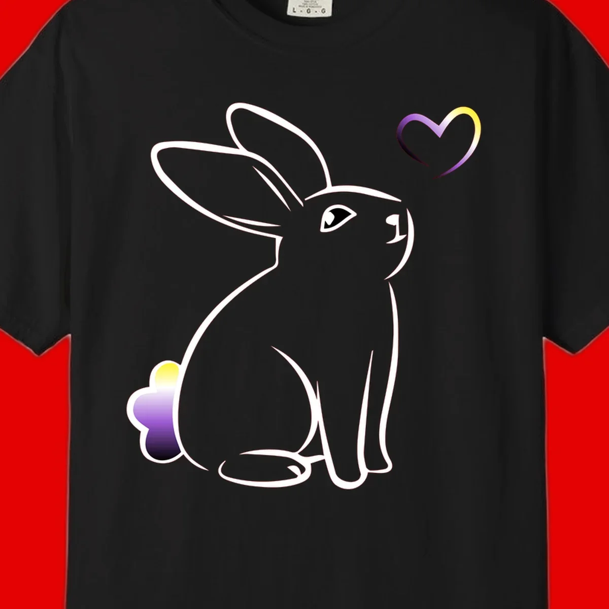 Minimalist line-art rainbow bunny with gradient purple-yellow tail and floating heart symbol on gray background