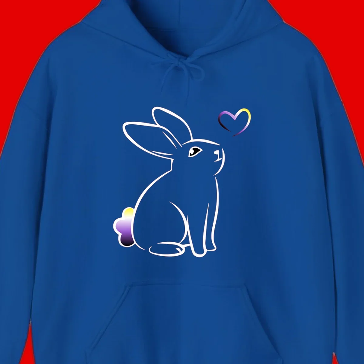 Minimalist line-art rainbow bunny with gradient purple-yellow tail and floating heart symbol on gray background