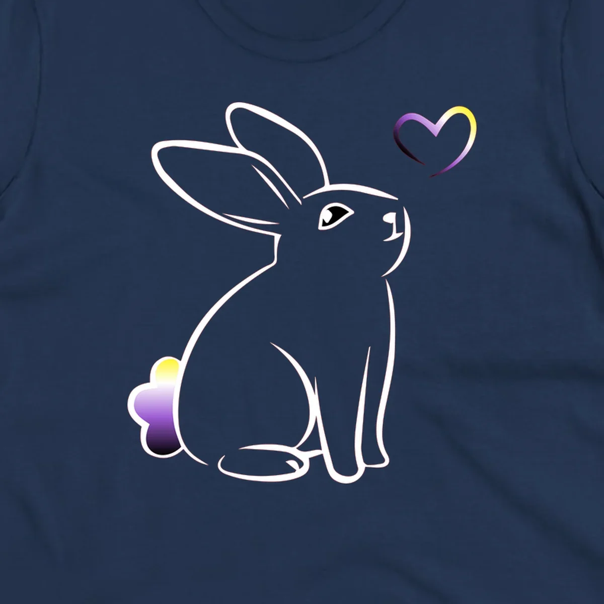 Minimalist line-art rainbow bunny with gradient purple-yellow tail and floating heart symbol on gray background