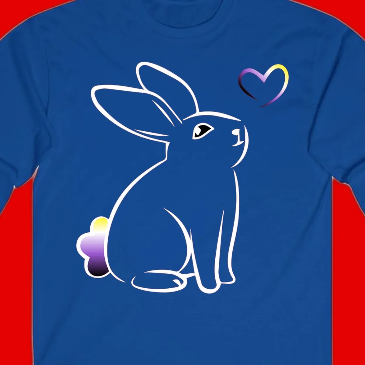 Minimalist line-art rainbow bunny with gradient purple-yellow tail and floating heart symbol on gray background