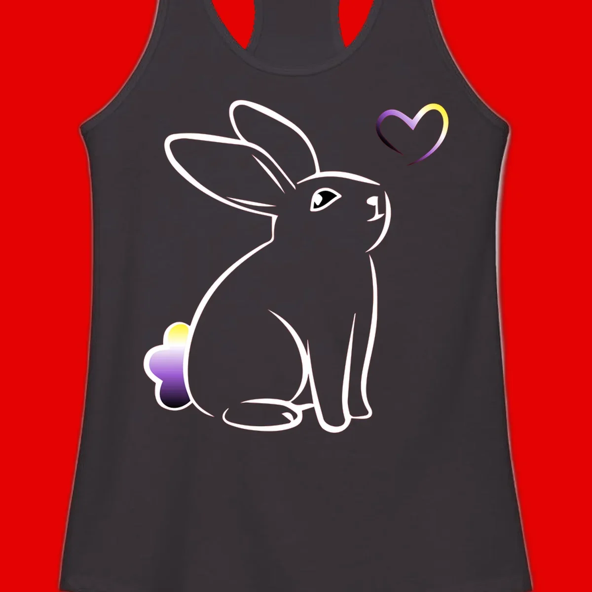 Minimalist line-art rainbow bunny with gradient purple-yellow tail and floating heart symbol on gray background