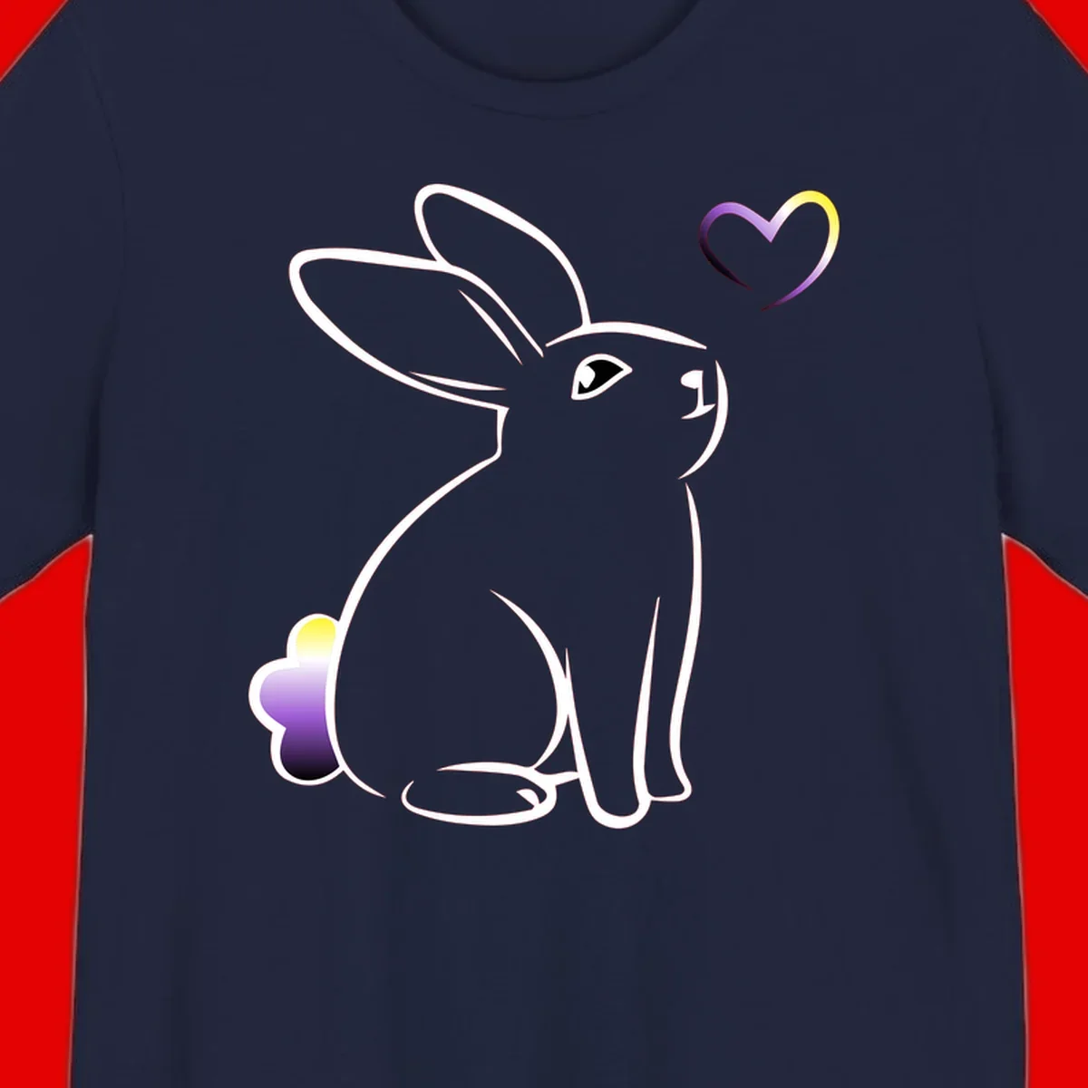 Minimalist line-art rainbow bunny with gradient purple-yellow tail and floating heart symbol on gray background