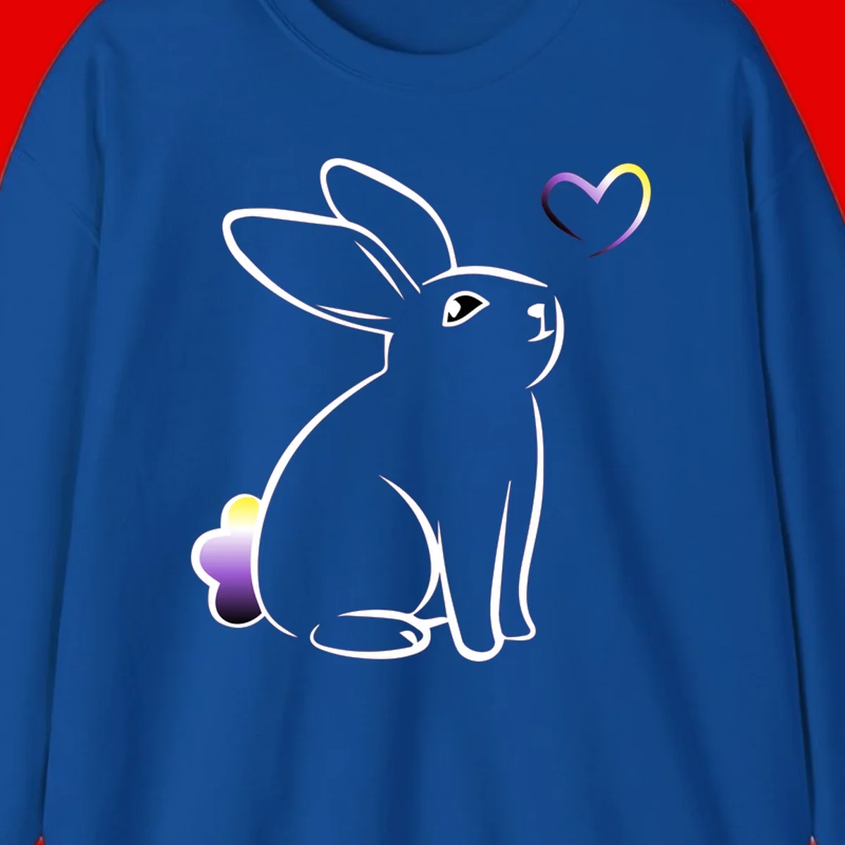 Minimalist line-art rainbow bunny with gradient purple-yellow tail and floating heart symbol on gray background