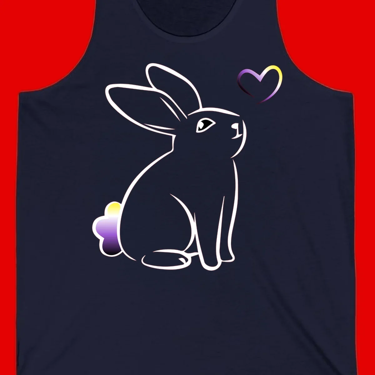 Minimalist line-art rainbow bunny with gradient purple-yellow tail and floating heart symbol on gray background