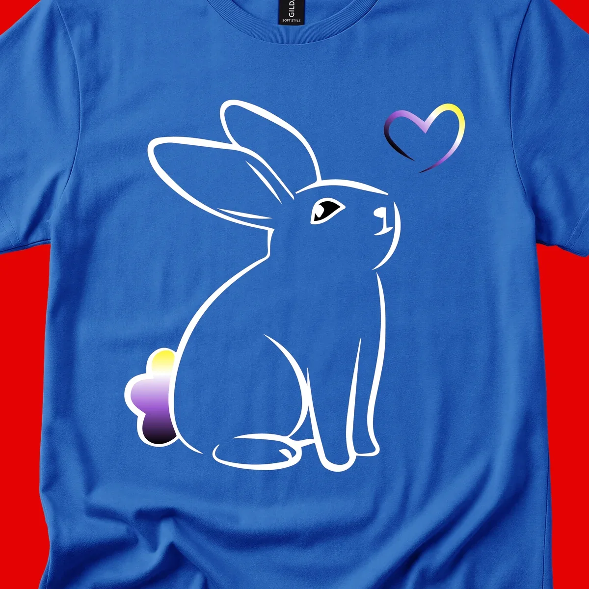 Minimalist line-art rainbow bunny with gradient purple-yellow tail and floating heart symbol on gray background