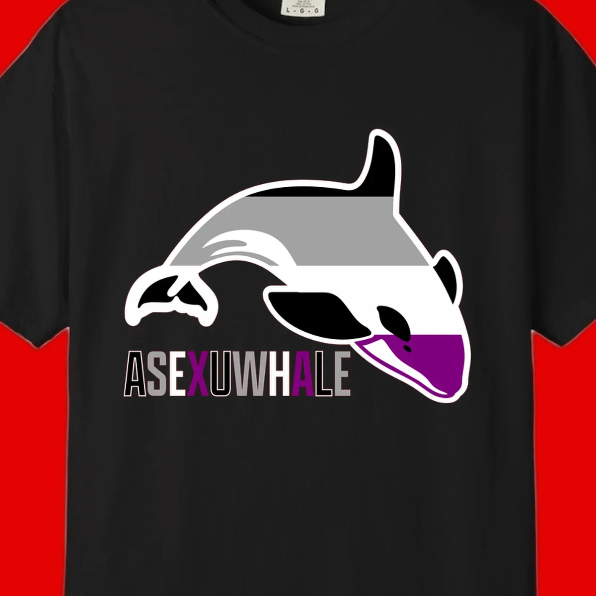 Stylized orca whale with purple accent and water splash, text reads 'ASEXUAL WHALE' in bold letters