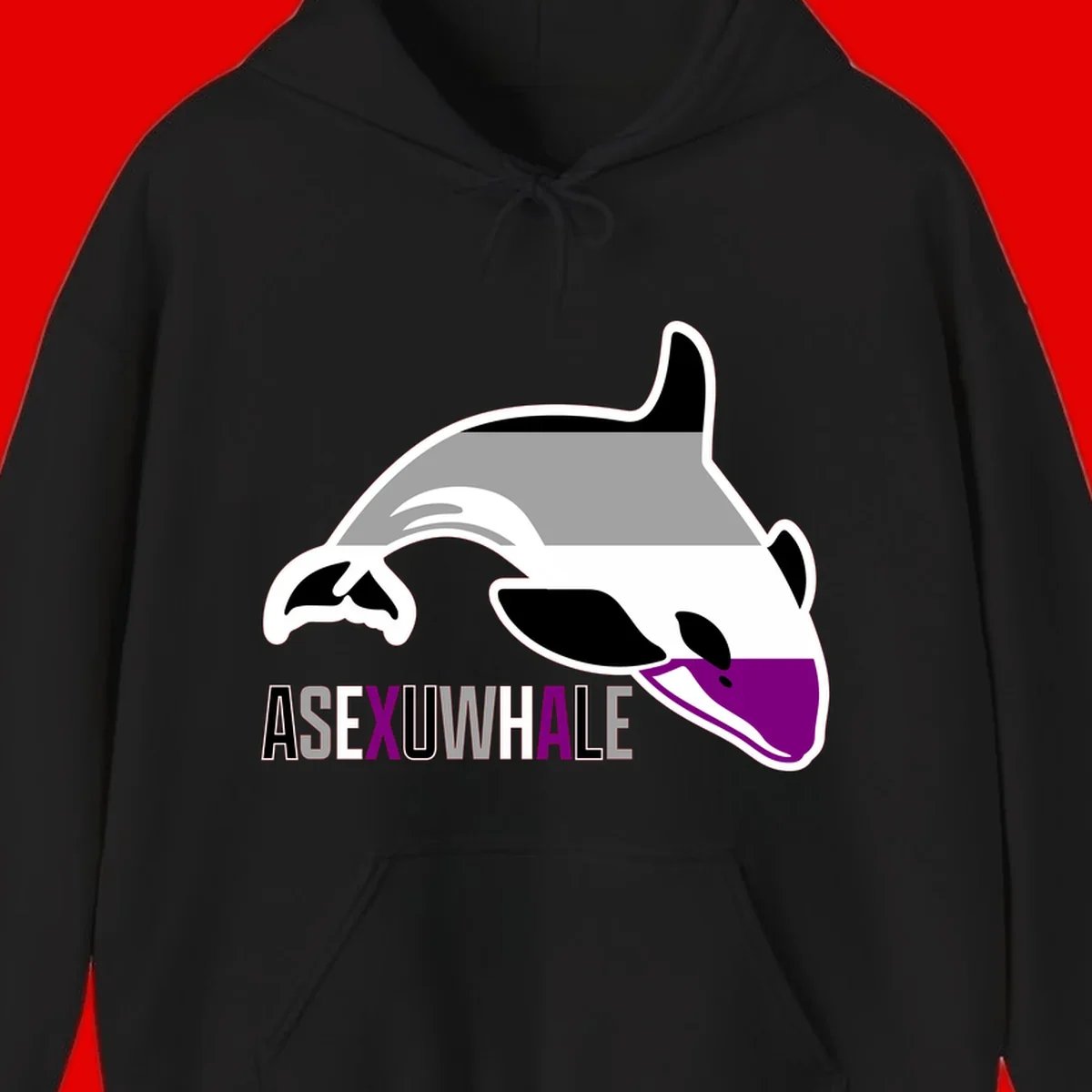 Stylized orca whale with purple accent and water splash, text reads 'ASEXUAL WHALE' in bold letters