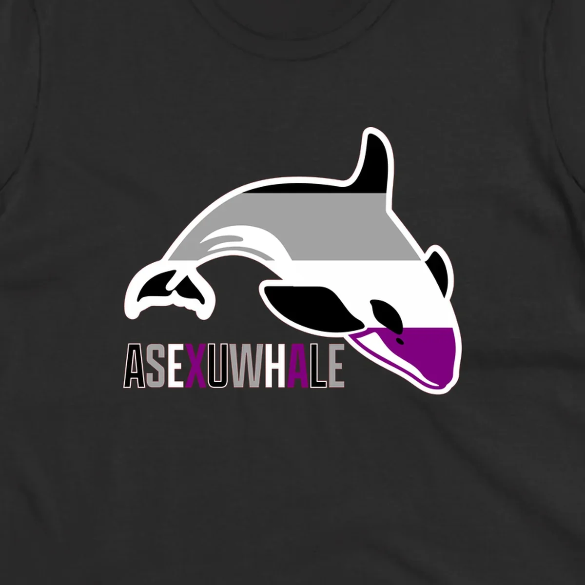 Stylized orca whale with purple accent and water splash, text reads 'ASEXUAL WHALE' in bold letters