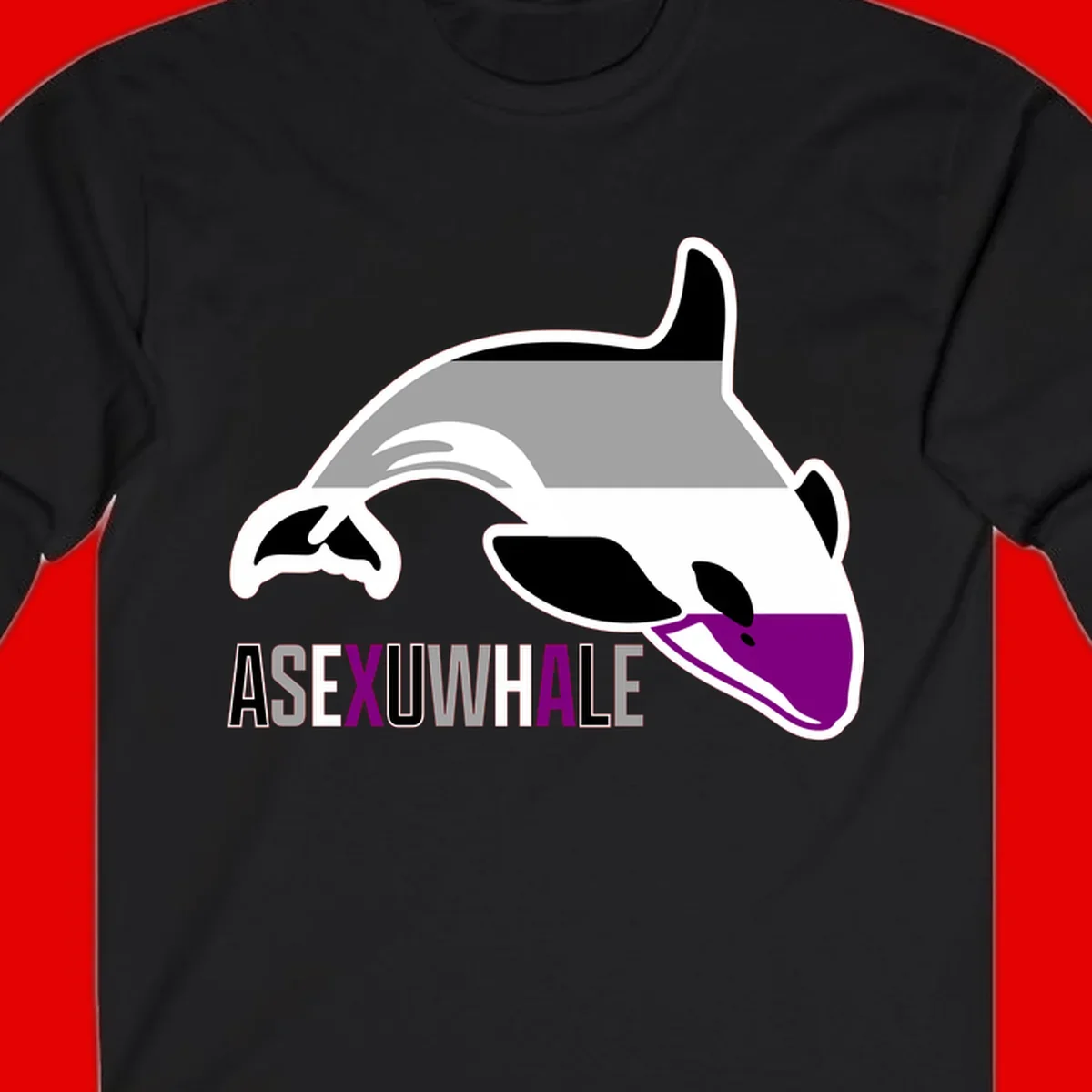 Stylized orca whale with purple accent and water splash, text reads 'ASEXUAL WHALE' in bold letters
