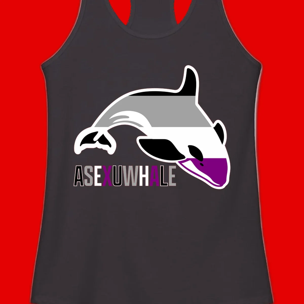 Stylized orca whale with purple accent and water splash, text reads 'ASEXUAL WHALE' in bold letters