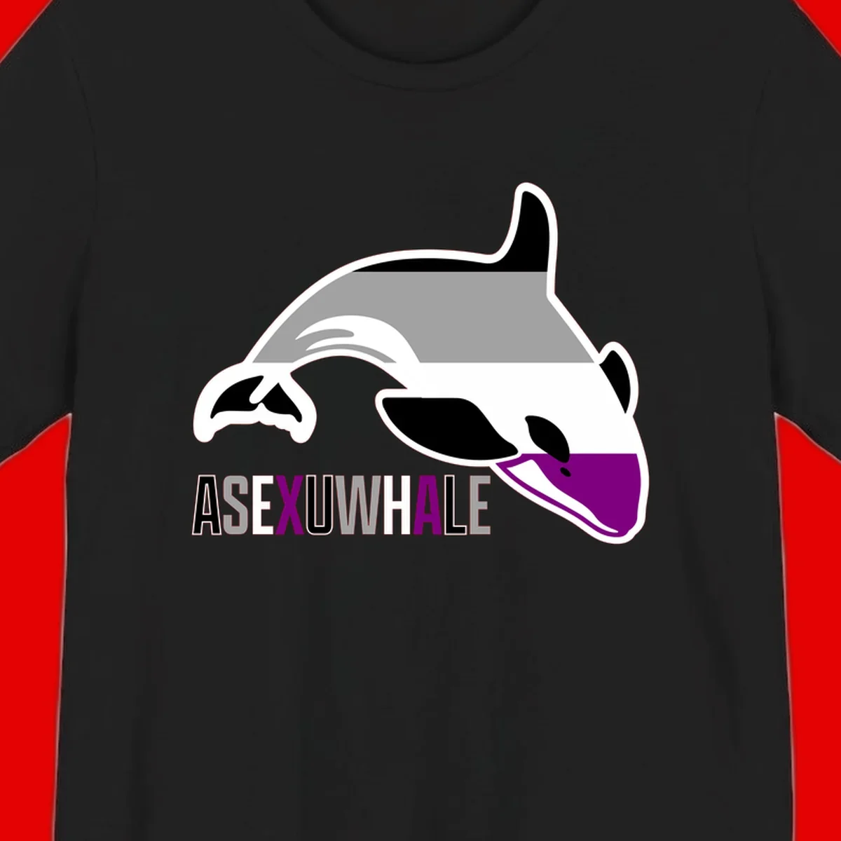 Stylized orca whale with purple accent and water splash, text reads 'ASEXUAL WHALE' in bold letters