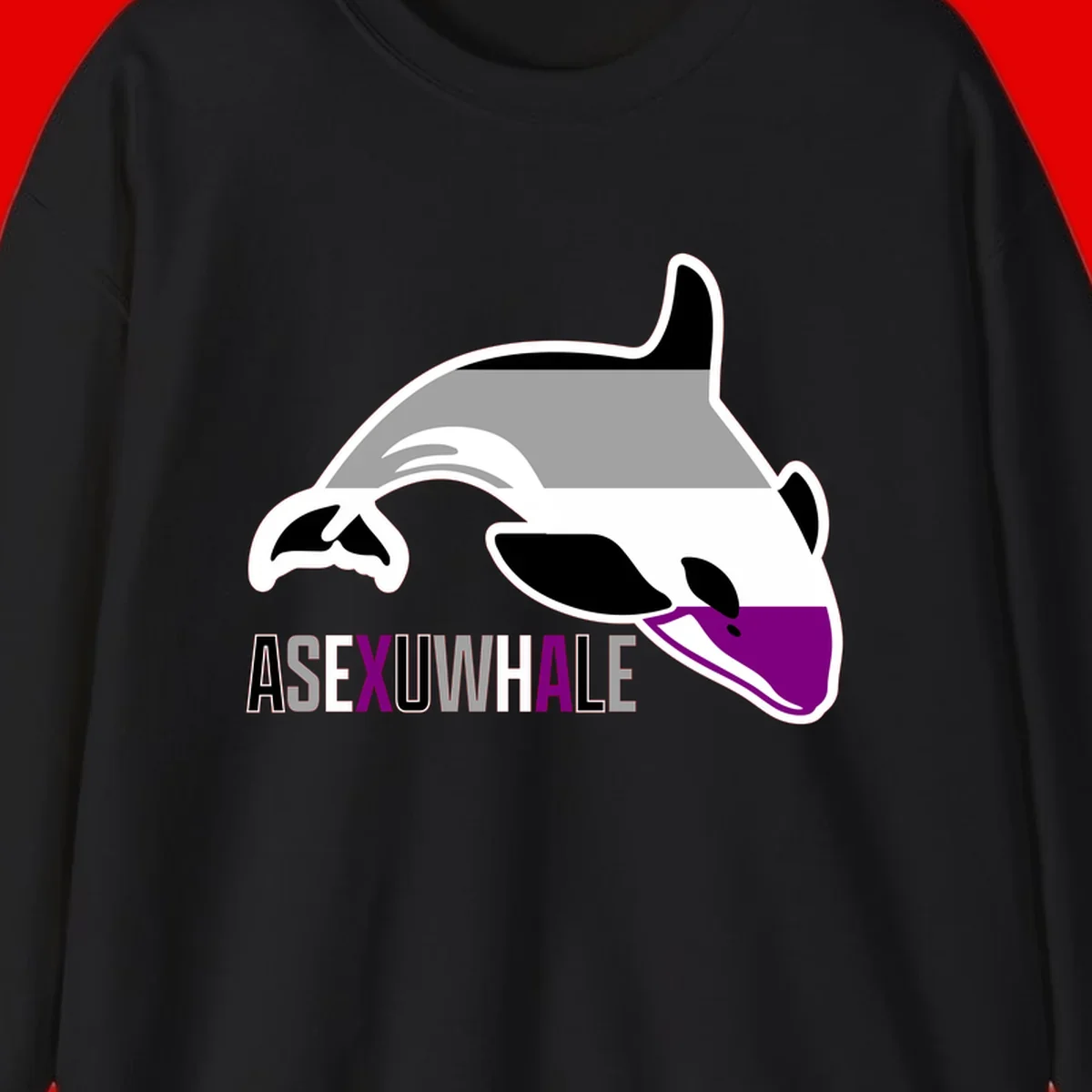 Stylized orca whale with purple accent and water splash, text reads 'ASEXUAL WHALE' in bold letters