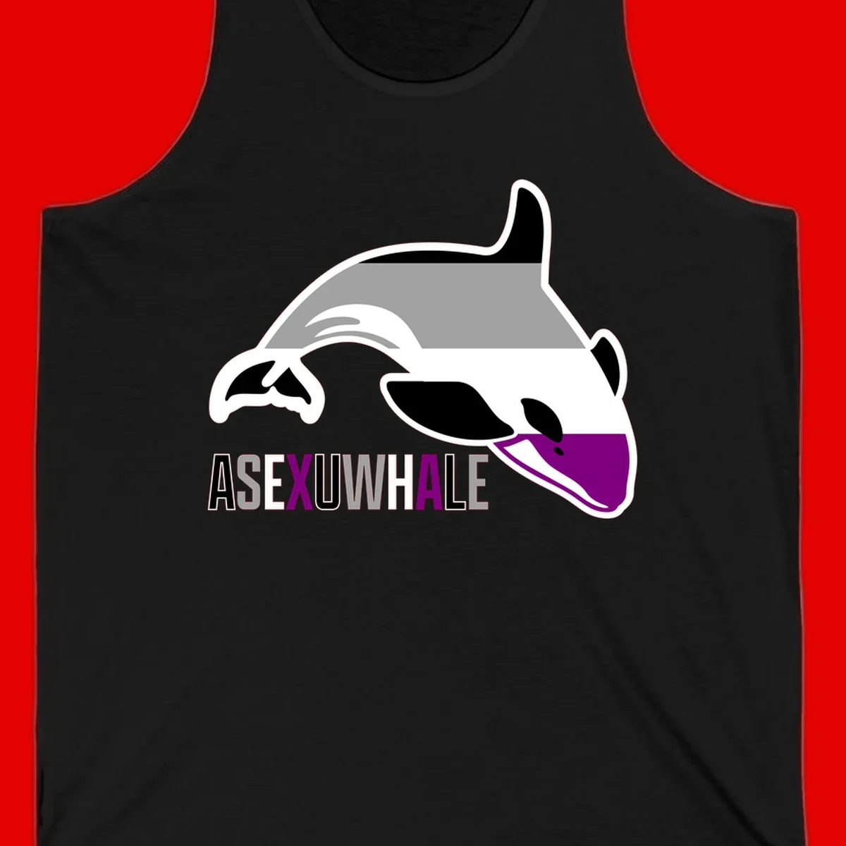 Stylized orca whale with purple accent and water splash, text reads 'ASEXUAL WHALE' in bold letters