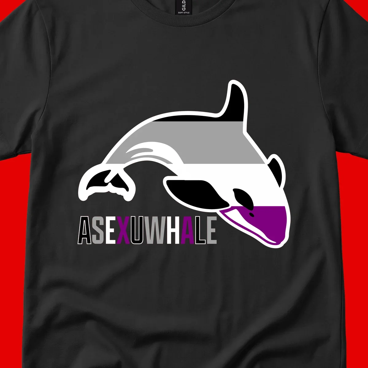 Stylized orca whale with purple accent and water splash, text reads 'ASEXUAL WHALE' in bold letters
