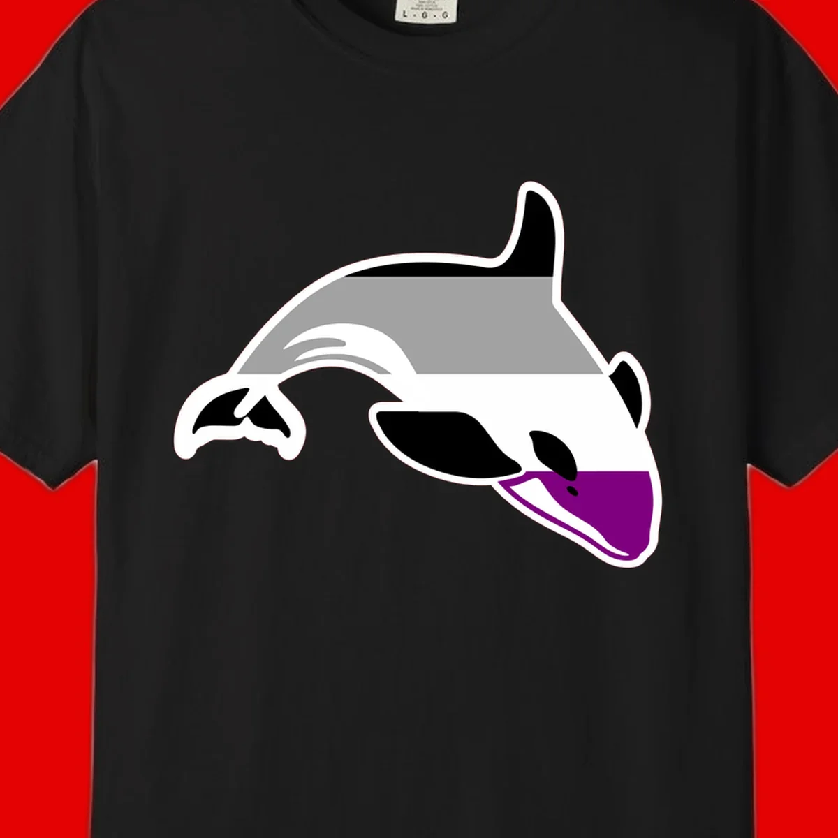 Minimalist line-art illustration of an orca whale in profile with white outlines, black markings, and a purple accent on the lower jaw