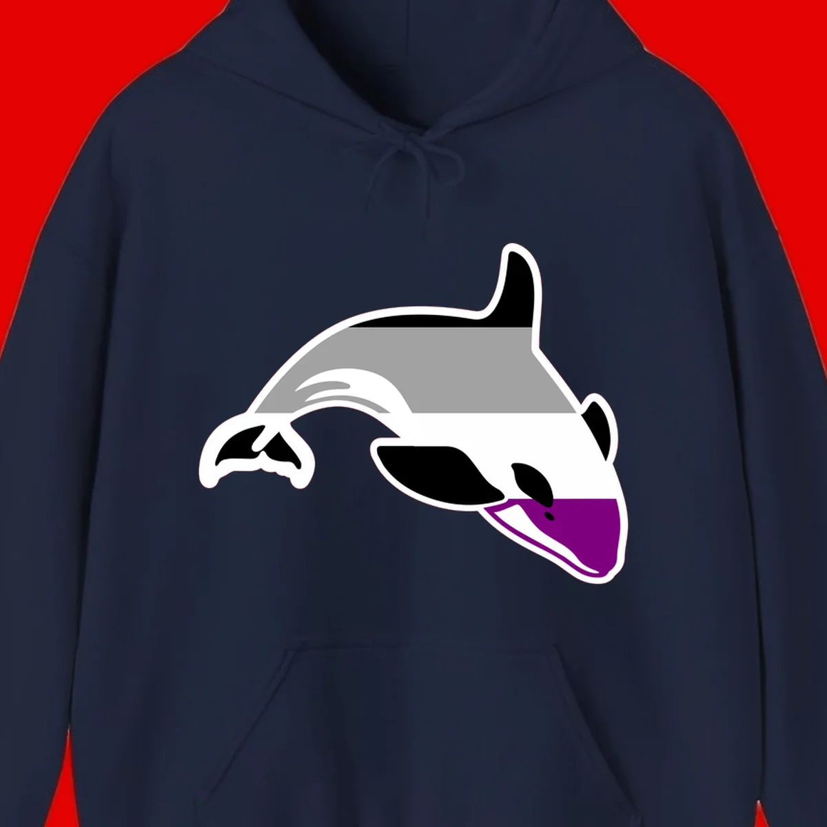 Minimalist line-art illustration of an orca whale in profile with white outlines, black markings, and a purple accent on the lower jaw