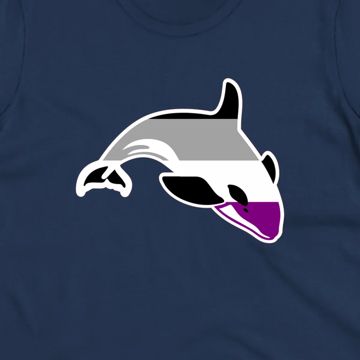 Minimalist line-art illustration of an orca whale in profile with white outlines, black markings, and a purple accent on the lower jaw