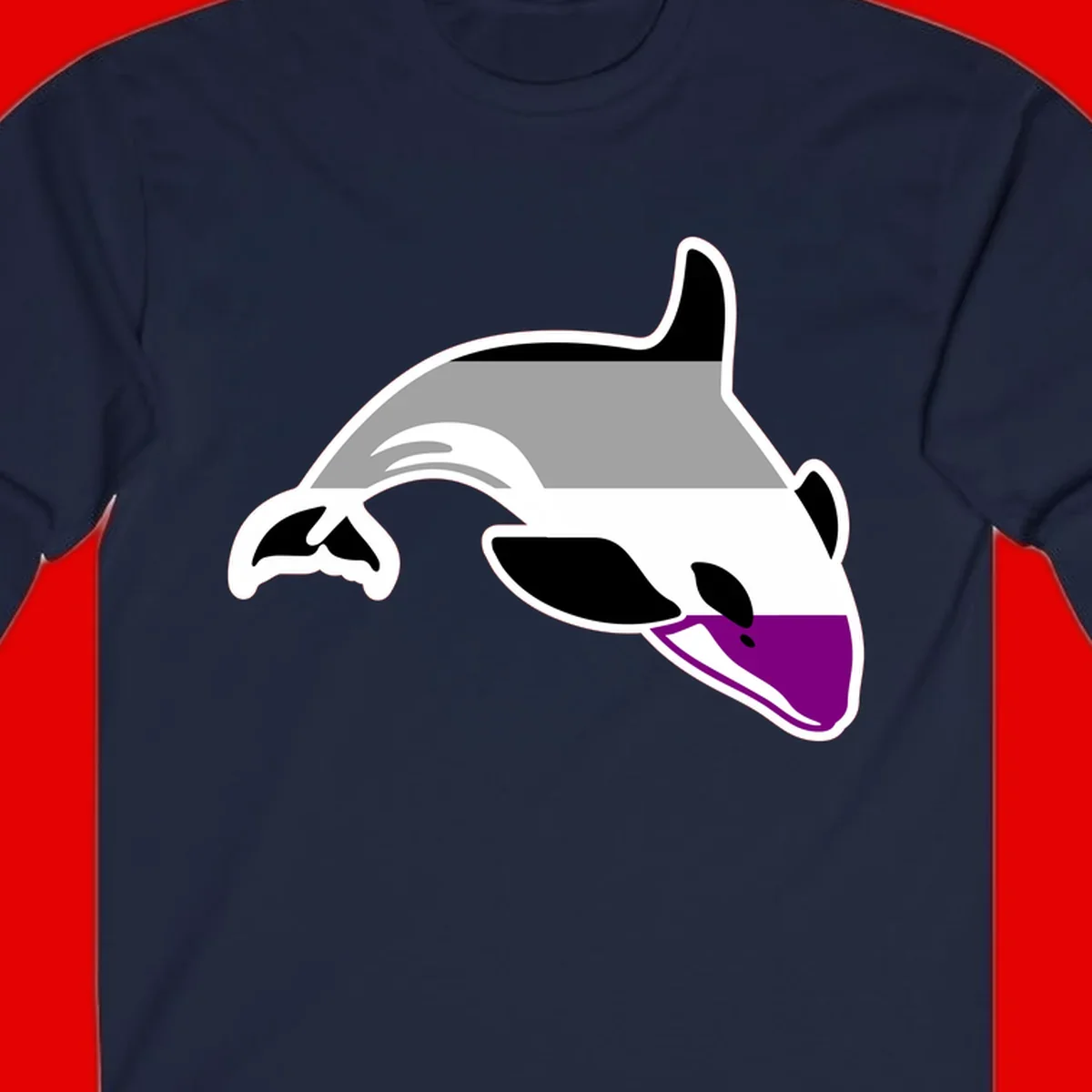 Minimalist line-art illustration of an orca whale in profile with white outlines, black markings, and a purple accent on the lower jaw