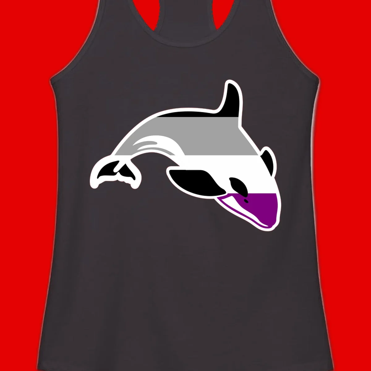 Minimalist line-art illustration of an orca whale in profile with white outlines, black markings, and a purple accent on the lower jaw