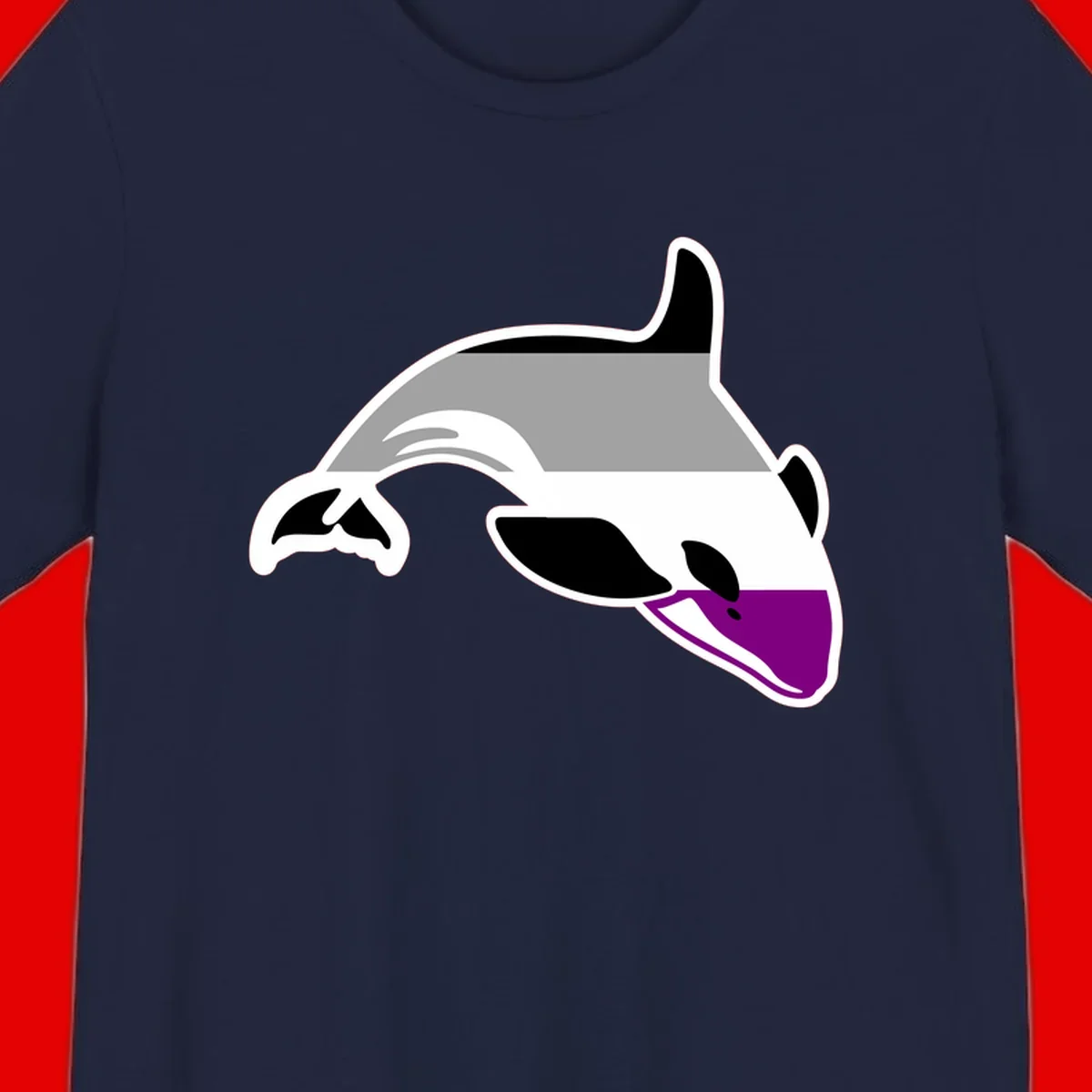 Minimalist line-art illustration of an orca whale in profile with white outlines, black markings, and a purple accent on the lower jaw