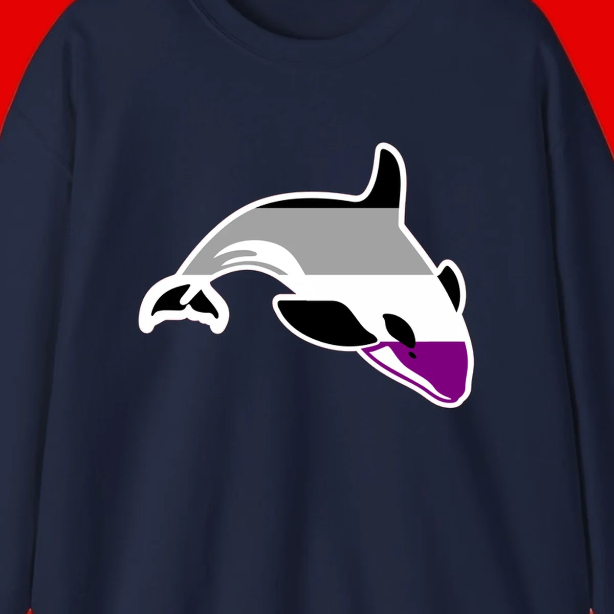 Minimalist line-art illustration of an orca whale in profile with white outlines, black markings, and a purple accent on the lower jaw