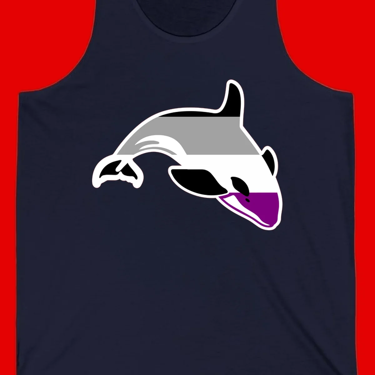 Minimalist line-art illustration of an orca whale in profile with white outlines, black markings, and a purple accent on the lower jaw