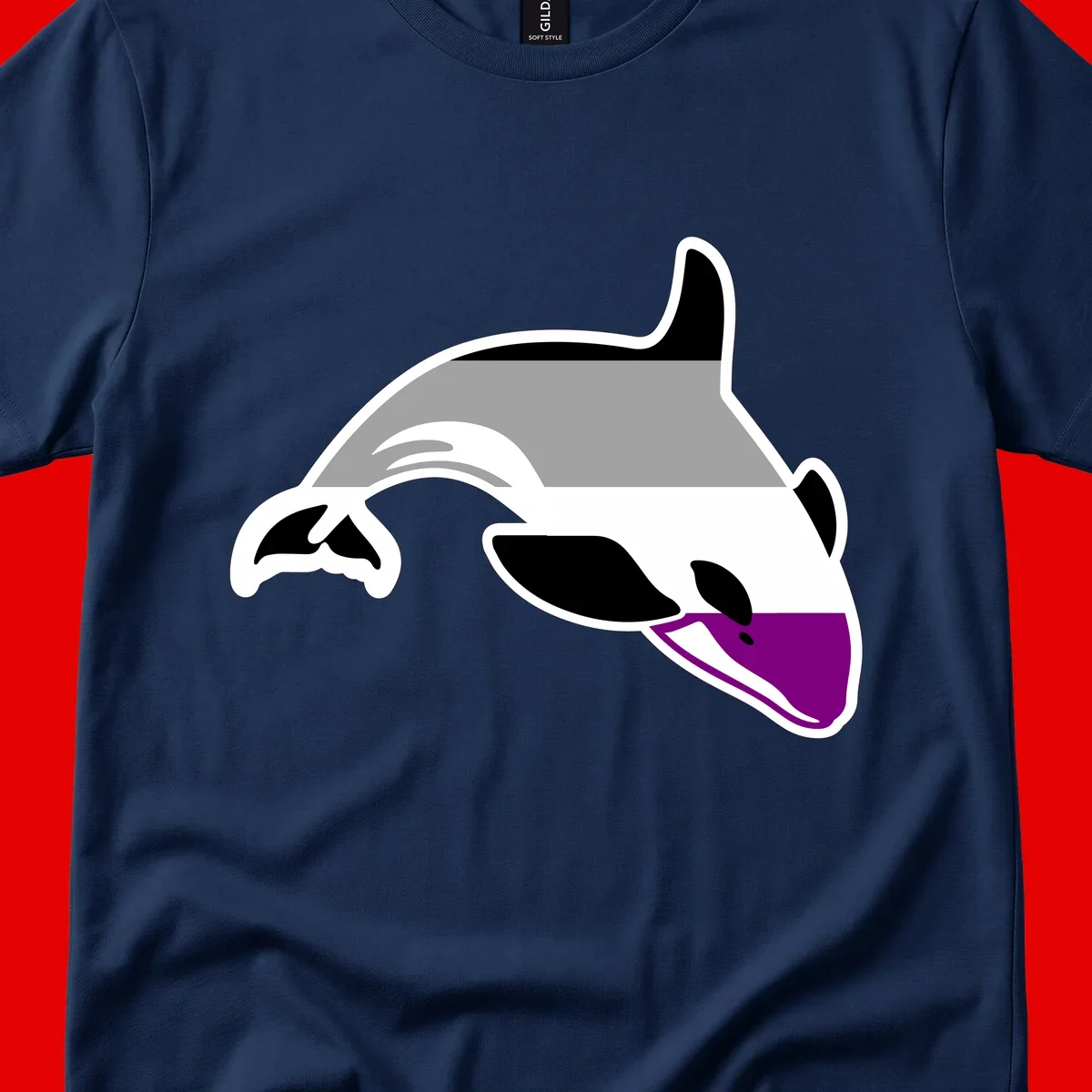 Minimalist line-art illustration of an orca whale in profile with white outlines, black markings, and a purple accent on the lower jaw