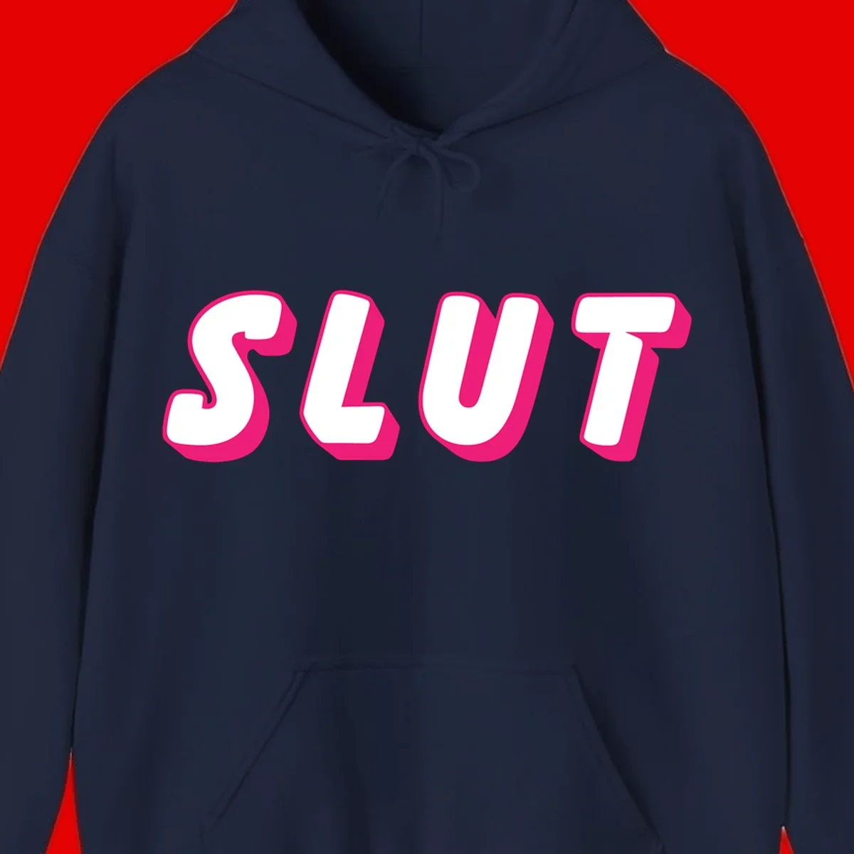 Bold magenta 3D block letters spelling 'SLUT' on gray background, slut-pride-statement design