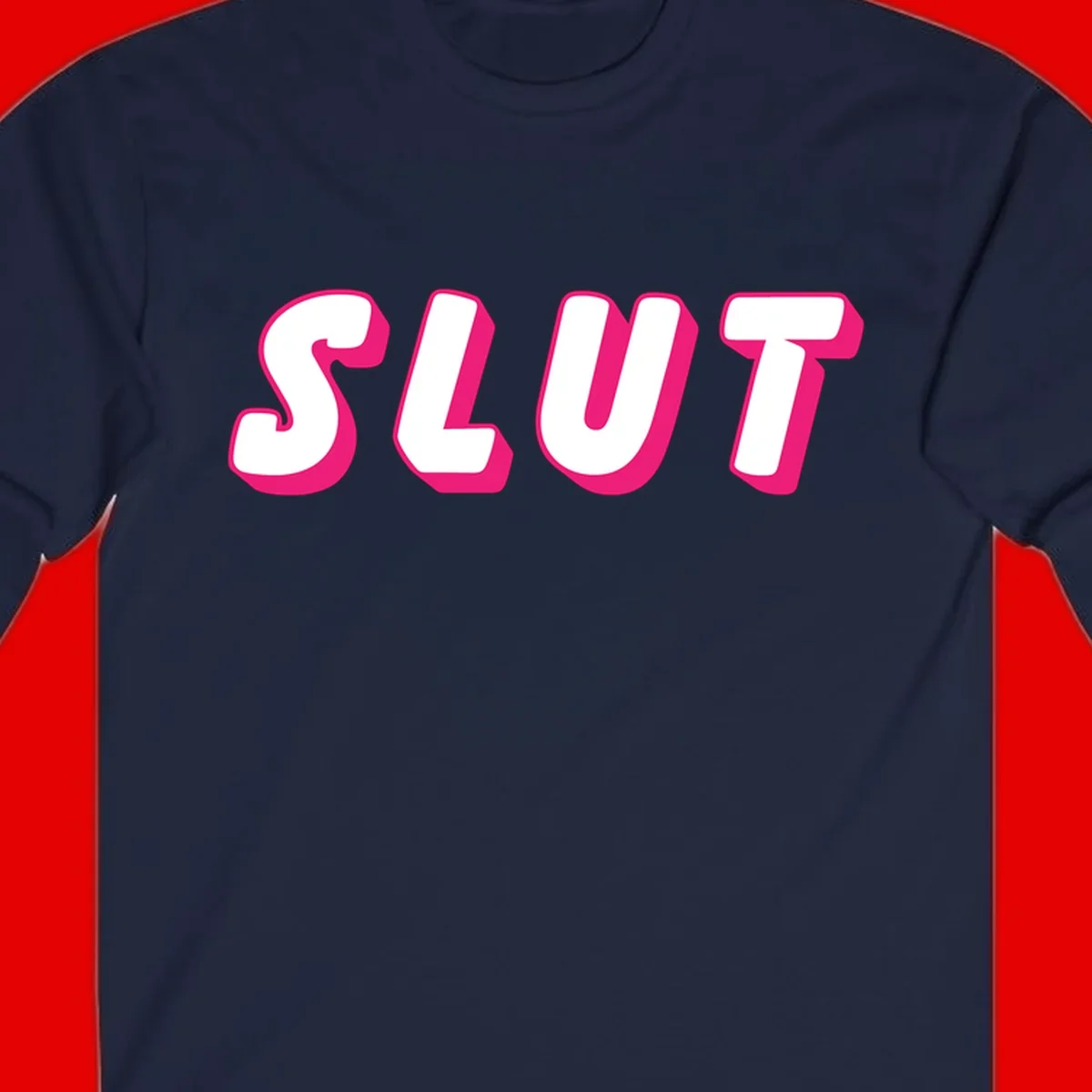 Bold magenta 3D block letters spelling 'SLUT' on gray background, slut-pride-statement design