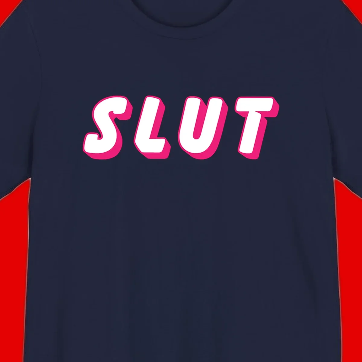 Bold magenta 3D block letters spelling 'SLUT' on gray background, slut-pride-statement design