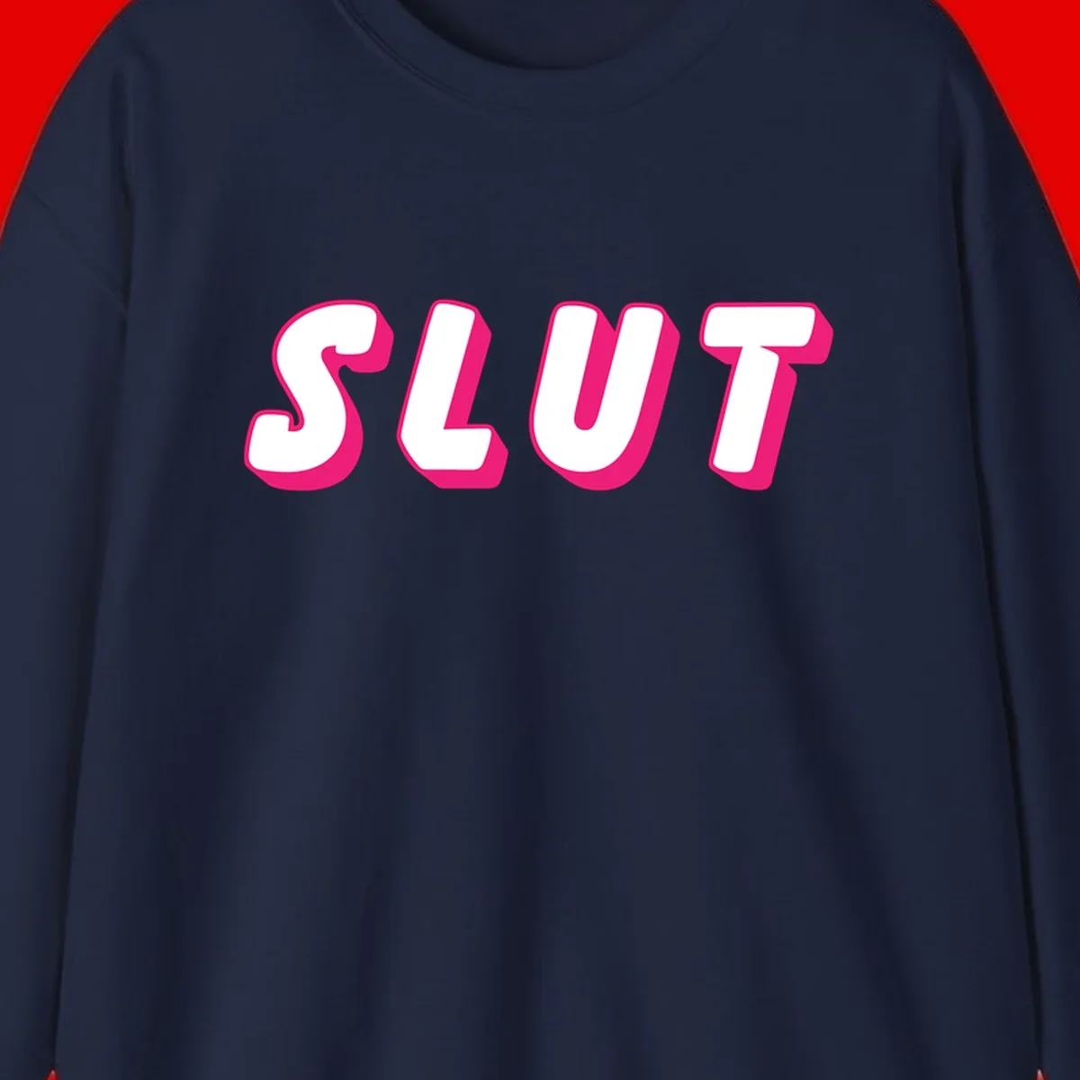 Bold magenta 3D block letters spelling 'SLUT' on gray background, slut-pride-statement design